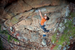 Joe Larson sport climbs on the Cave Creek cliffline in Arkansas.